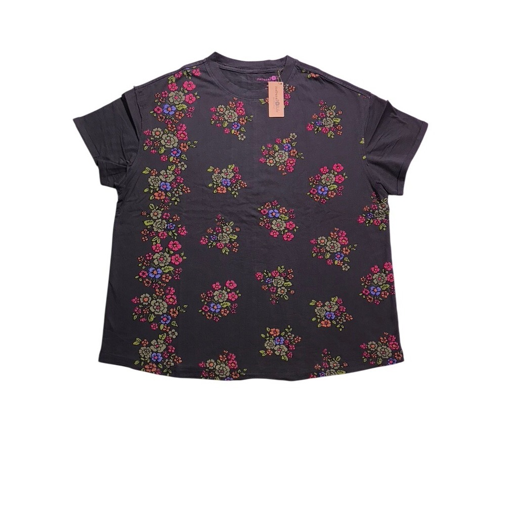 Natural Life Take It In Cotton Tee XS Charcoal Folk Flower Boho Relaxed New